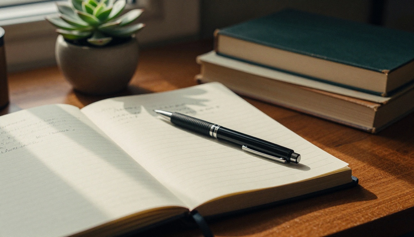 A notebook and stack of books on a desk in warm afternoon light