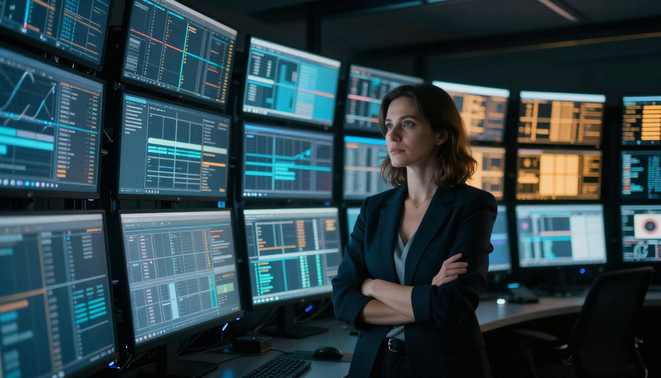 A researcher standing in front of data screens in a dim server room