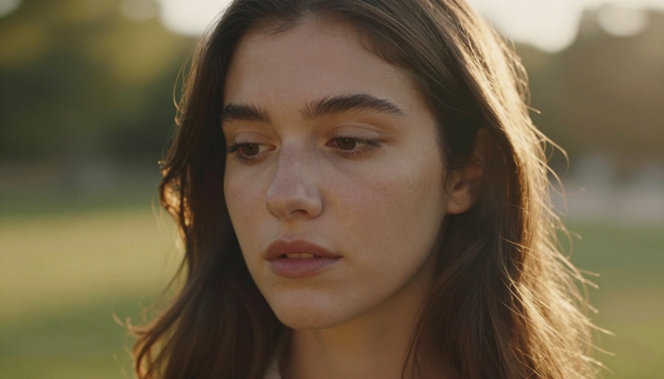 Woman in golden-hour light with a wistful, reflective expression