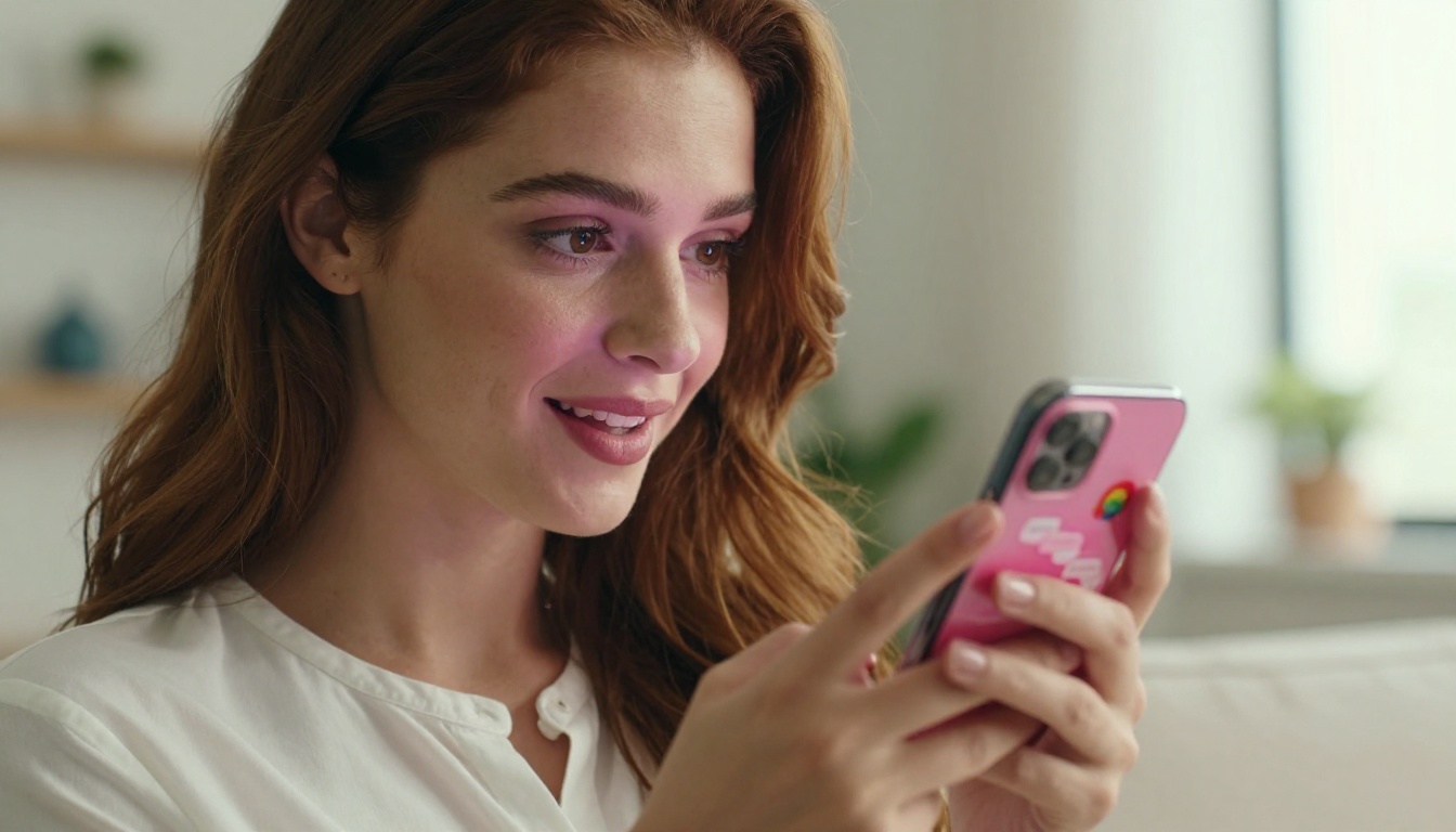 Woman using SpicyChat on smartphone with pink chat interface