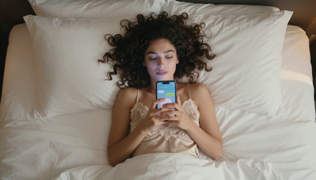 Woman lying on white sheets using AI chat companion app on smartphone