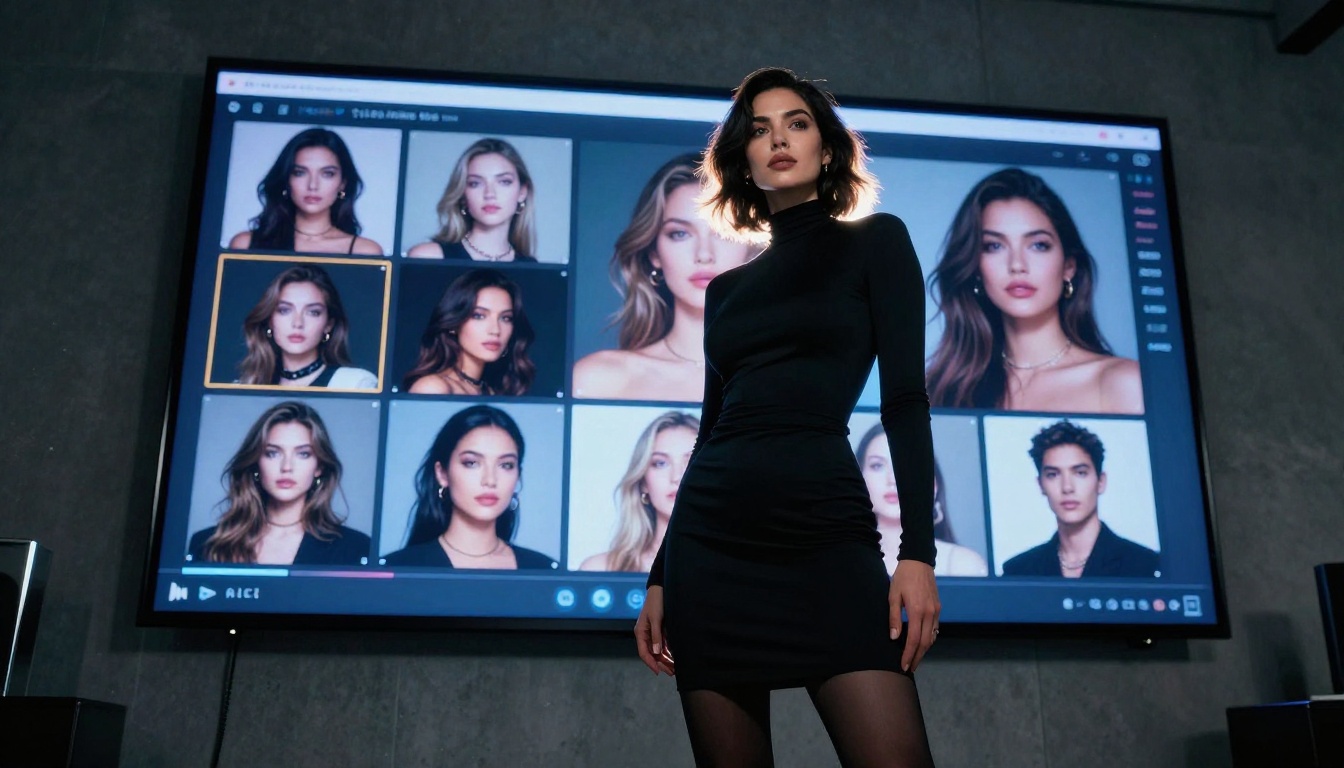 Woman at AI content comparison screen making creative decisions