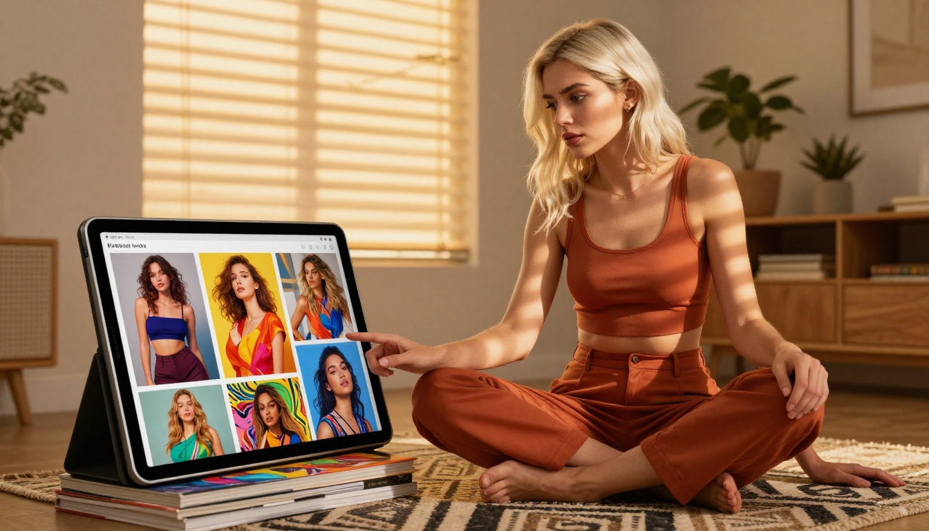 Blonde woman comparing AI-generated images on tablet