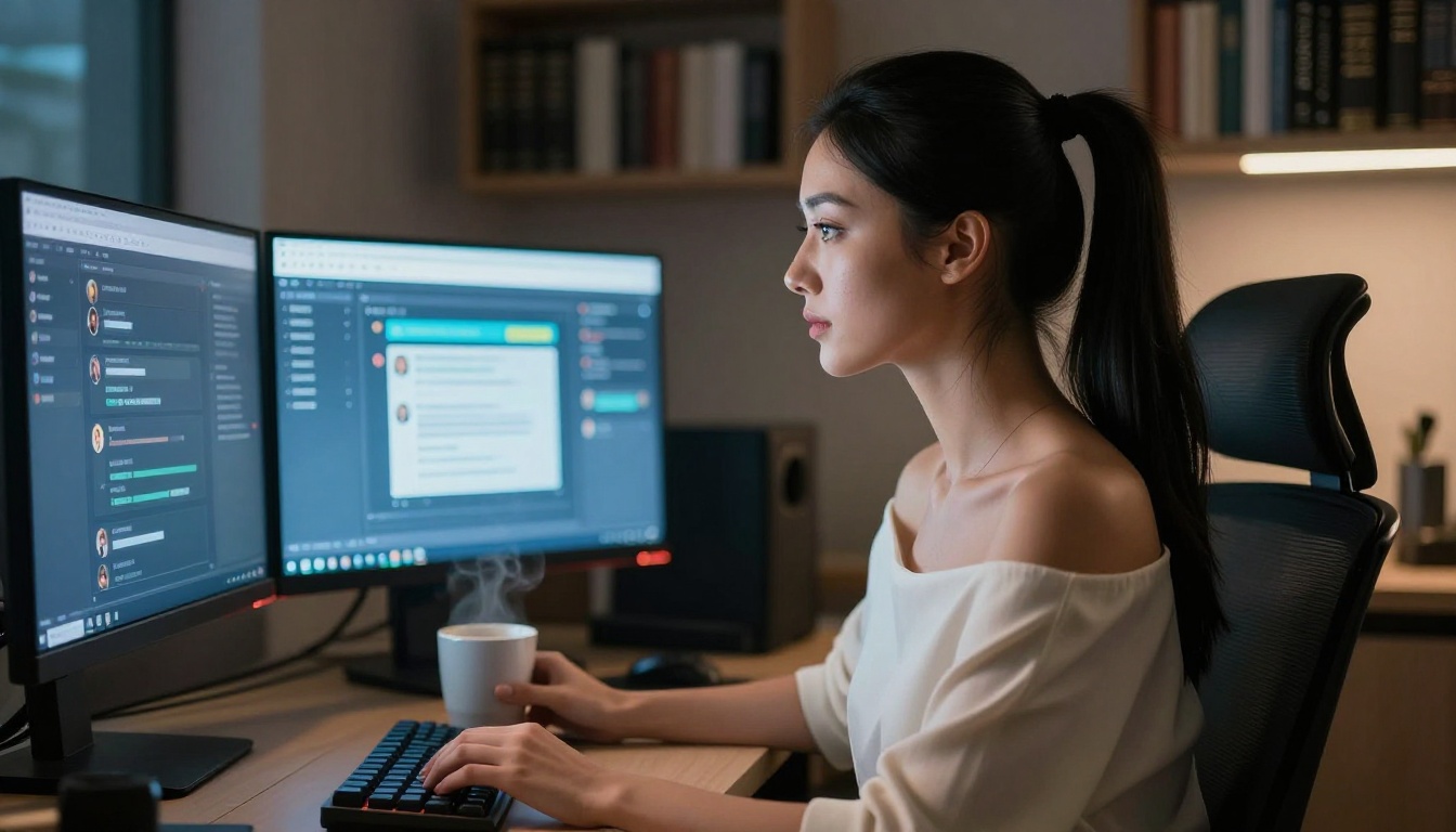 Woman with dual monitors showing AI chat interfaces in split lighting