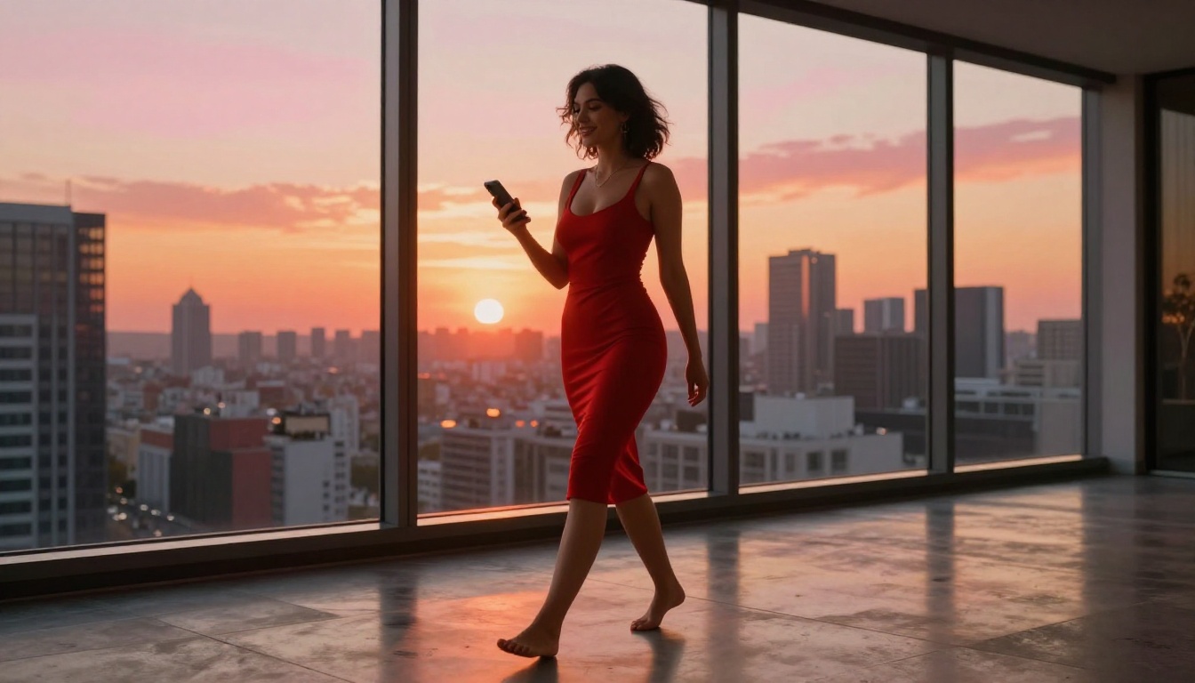 Curvaceous woman in red dress at penthouse window at golden hour