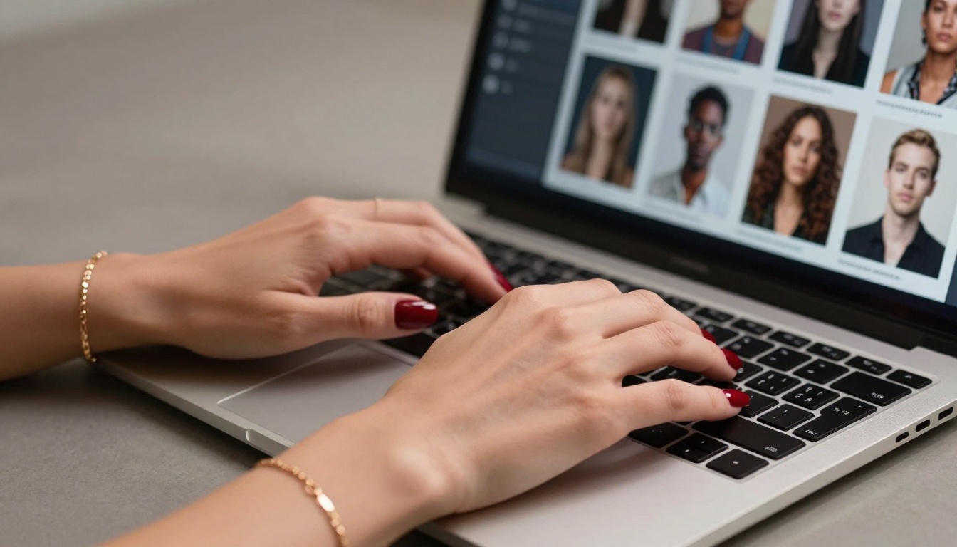 Close-up of woman's crimson-nailed hands typing on laptop with AI image grid