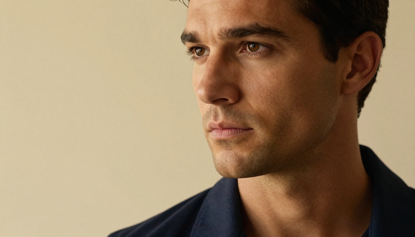 Tall commanding man standing in a warmly lit minimalist apartment interior at golden hour, low-angle photorealistic portrait