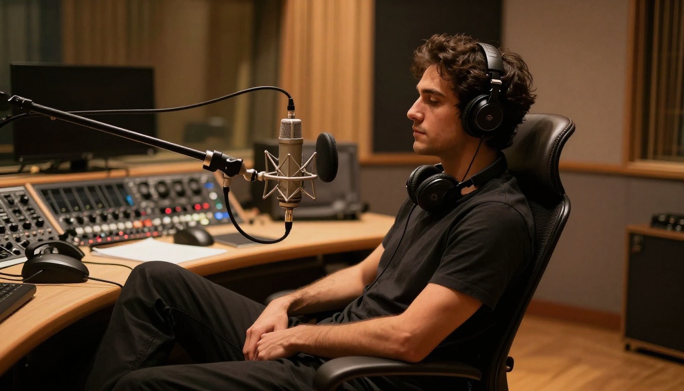 Tall man seated at a professional recording studio desk with microphones and audio equipment in warm tungsten lighting