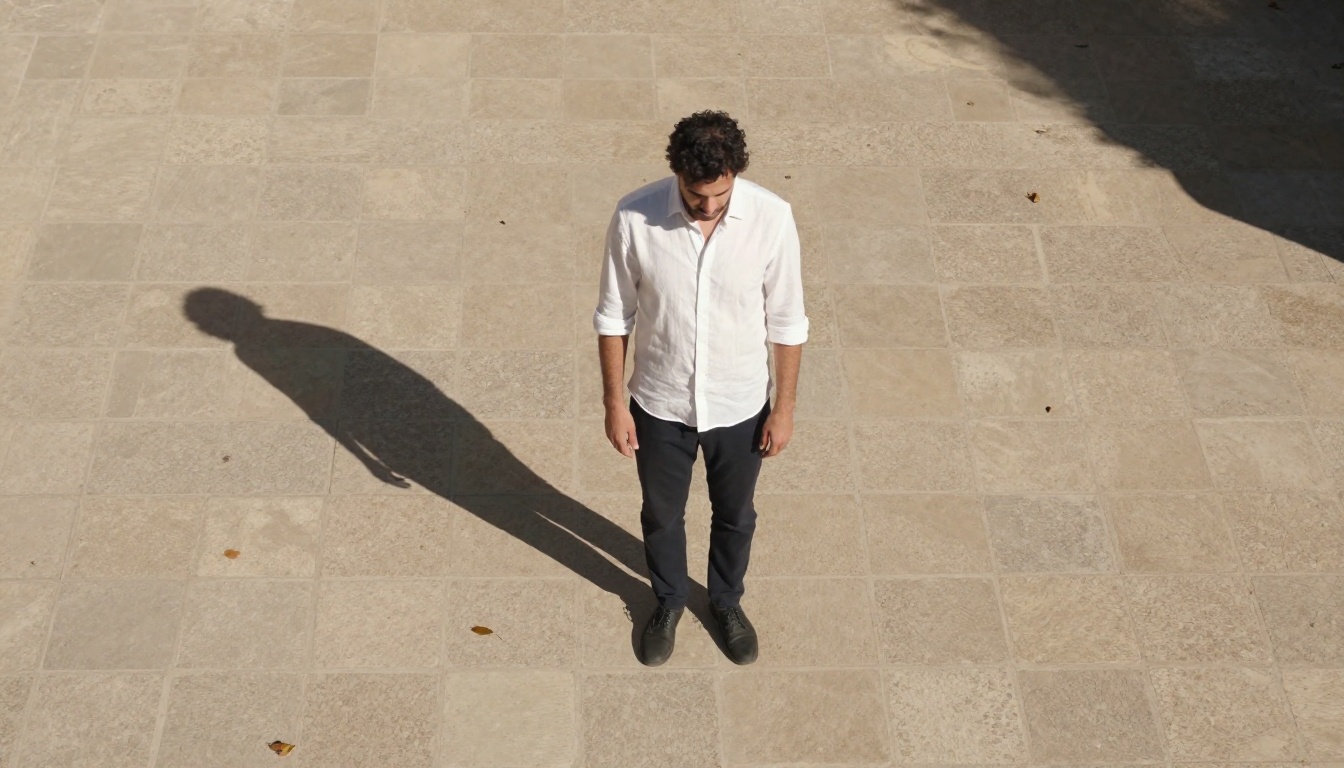 Aerial view of a tall man standing in a sunlit courtyard with geometric stone tile patterns and a long diagonal shadow
