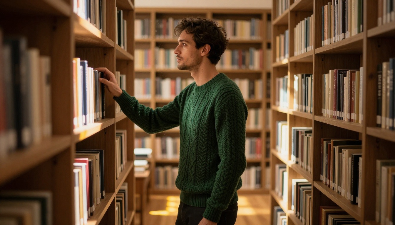 A tall man standing in a warm home library at evening with floor-to-ceiling bookshelves and soft lamplight