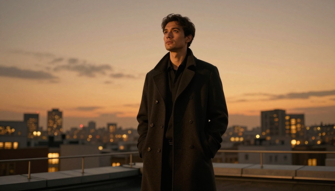 A tall man in a dark wool overcoat standing on a rooftop terrace at dusk with city skyline lights glowing behind him