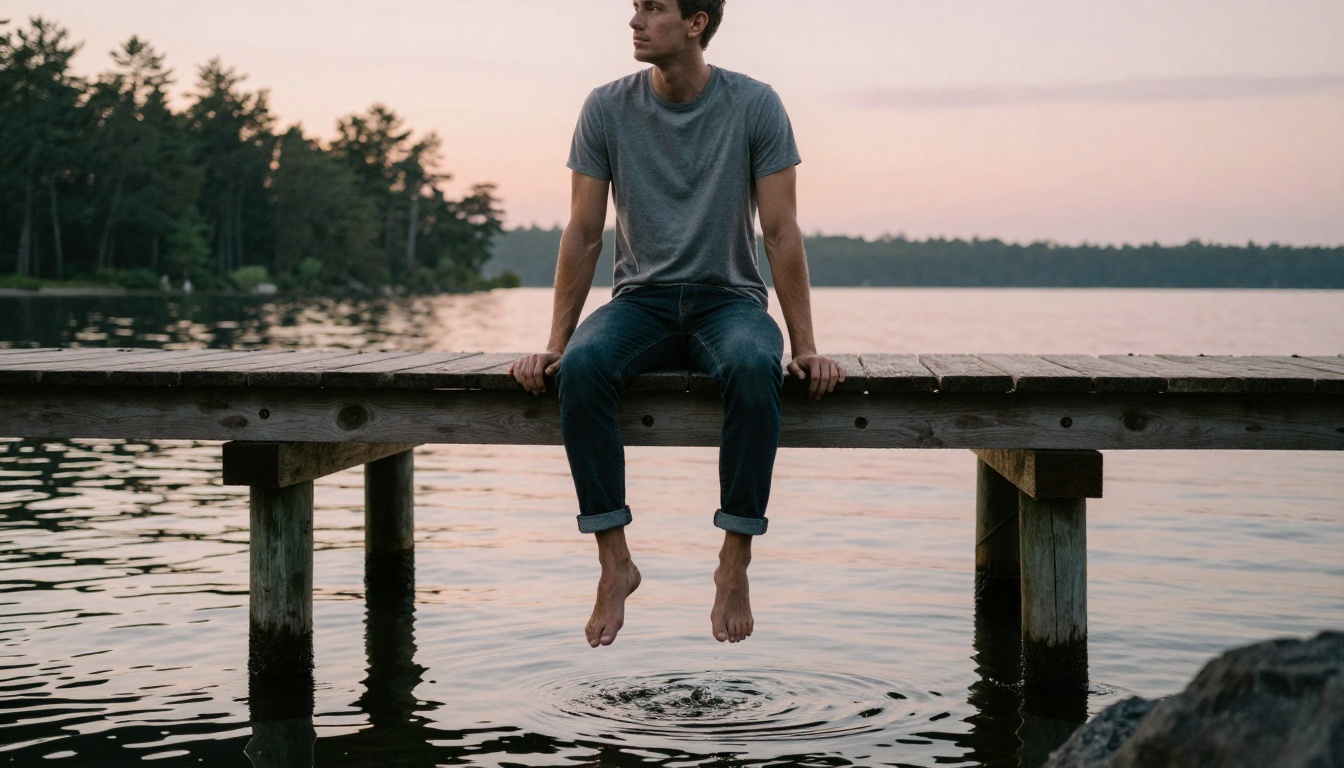 A tall man sitting on a wooden pier over calm water at sunrise with warm pink and orange reflections below