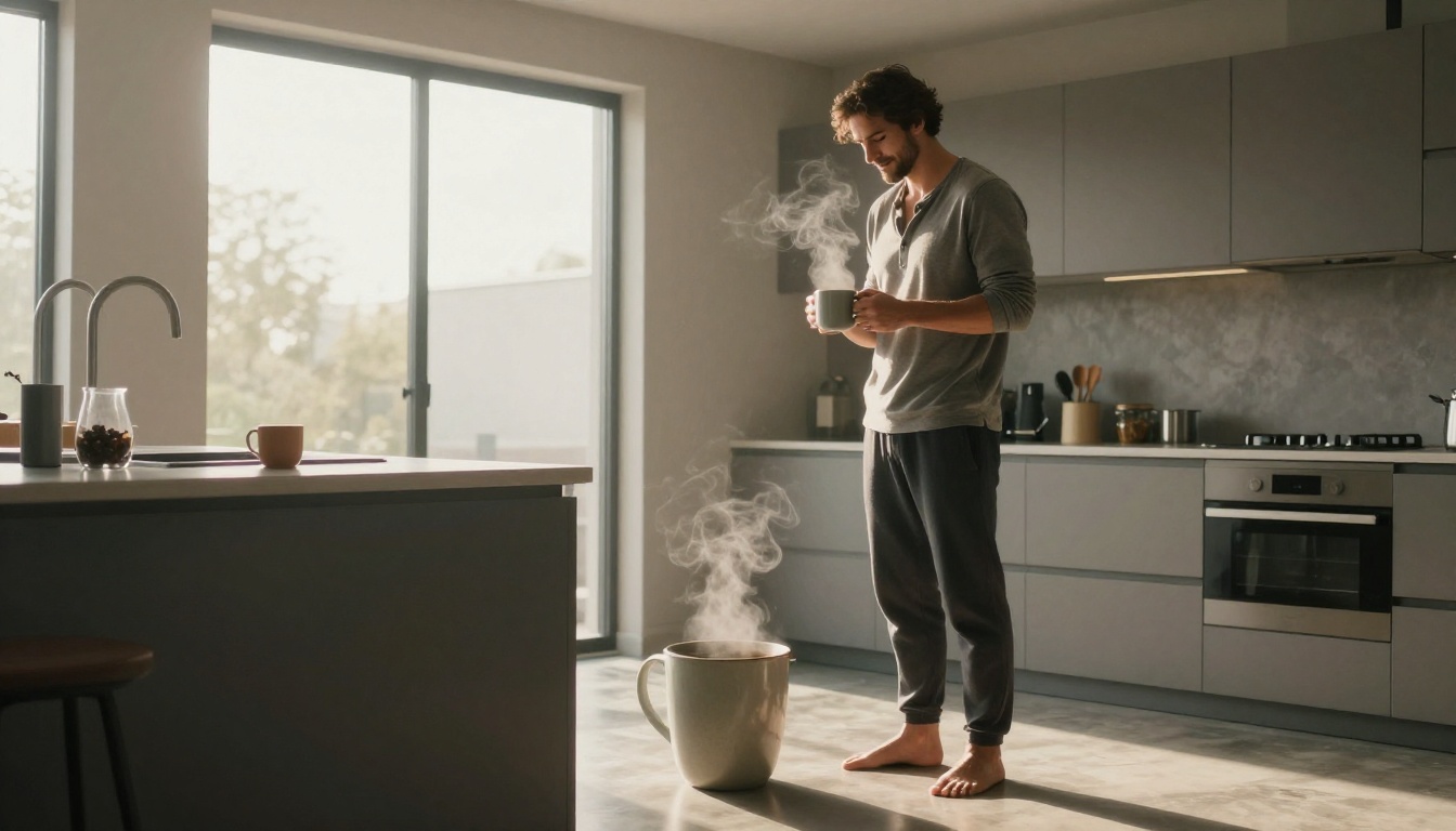 A tall man in a relaxed grey shirt standing in a modern kitchen in morning light holding a coffee mug with steam catching the backlight