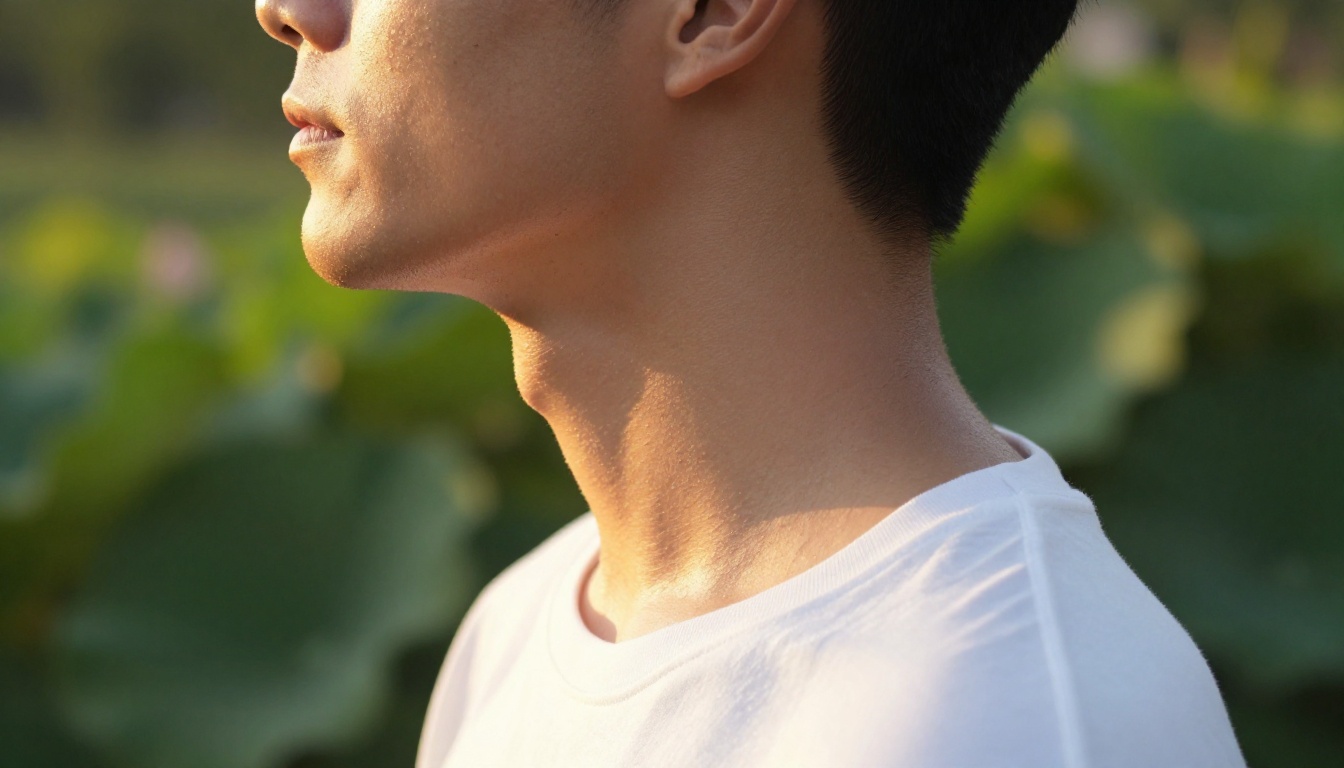 Close-up side profile of a tall man in a white t-shirt in golden afternoon garden light with strong jaw and neck detail visible