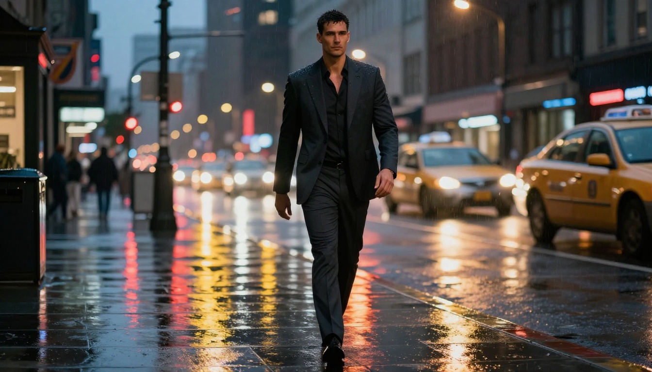Full body shot of a very tall man in a tailored charcoal suit walking confidently down a rain-slicked city sidewalk at night with wet pavement reflections