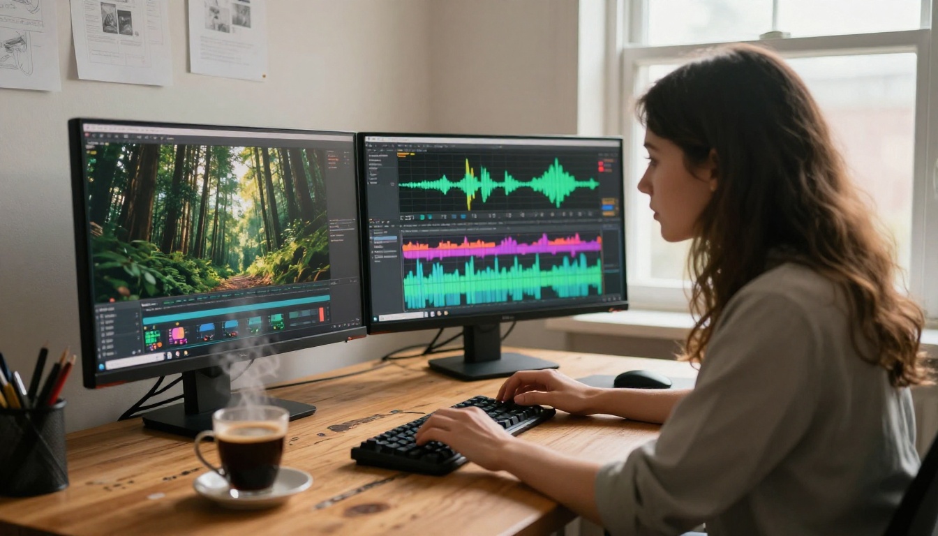 Creator editing audio tracks on dual monitors in a warm studio setup