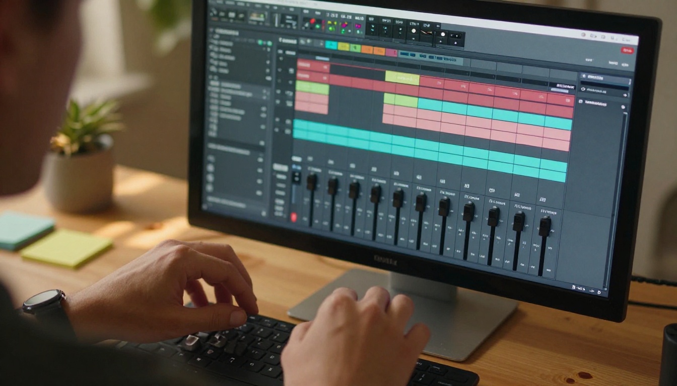 Hands adjusting audio mixing sliders on a professional DAW display
