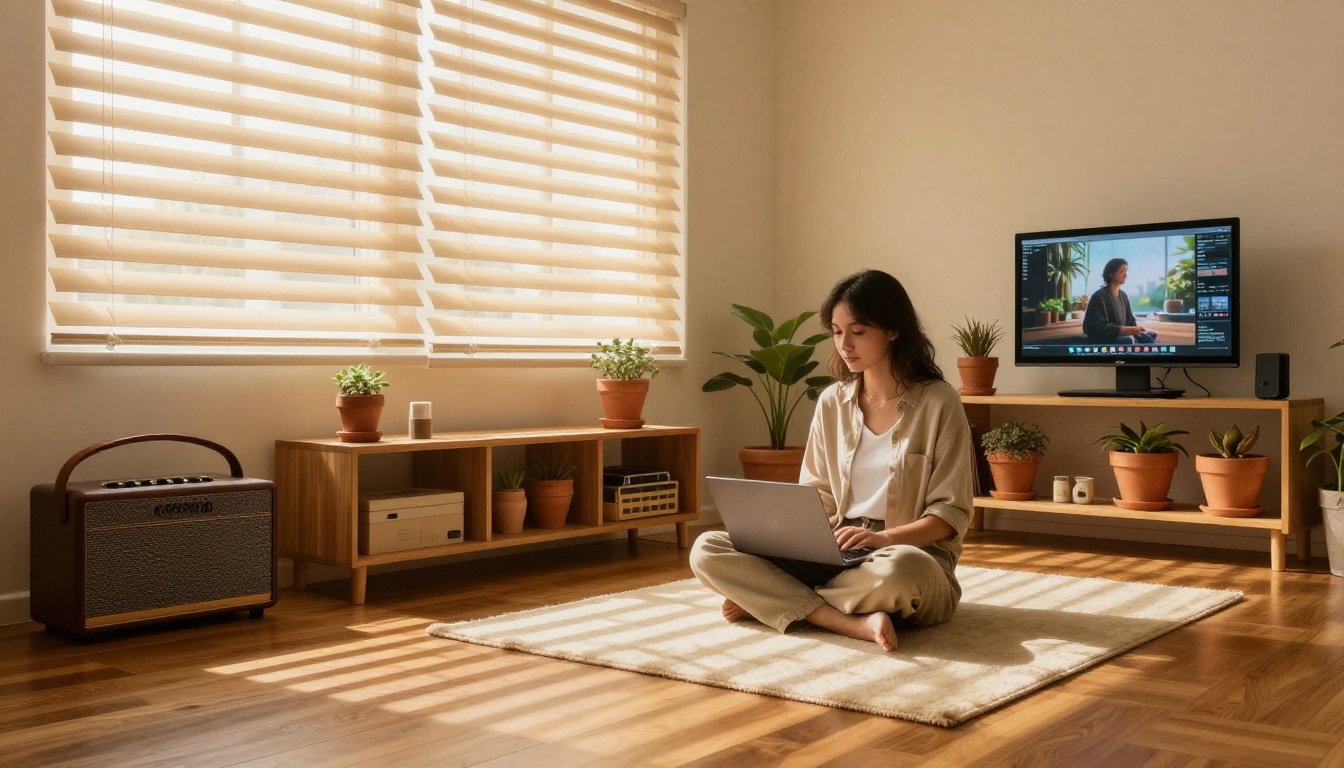 Cozy studio space with young woman editing on laptop with plant shelf in background