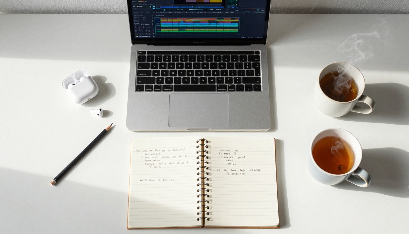 Aerial flat-lay of desk with laptop timeline, earbuds, notebook and tea mug