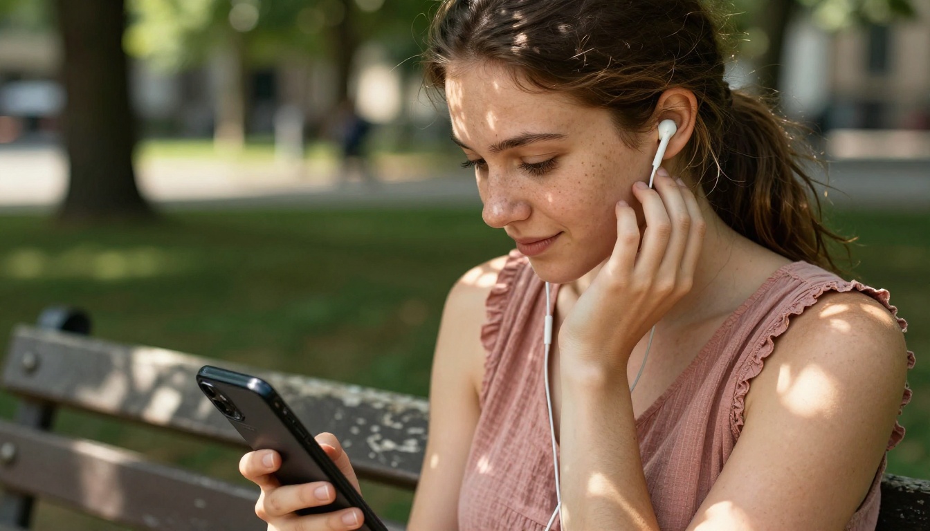Young woman listening to earbuds on a sunny park bench holding a smartphone