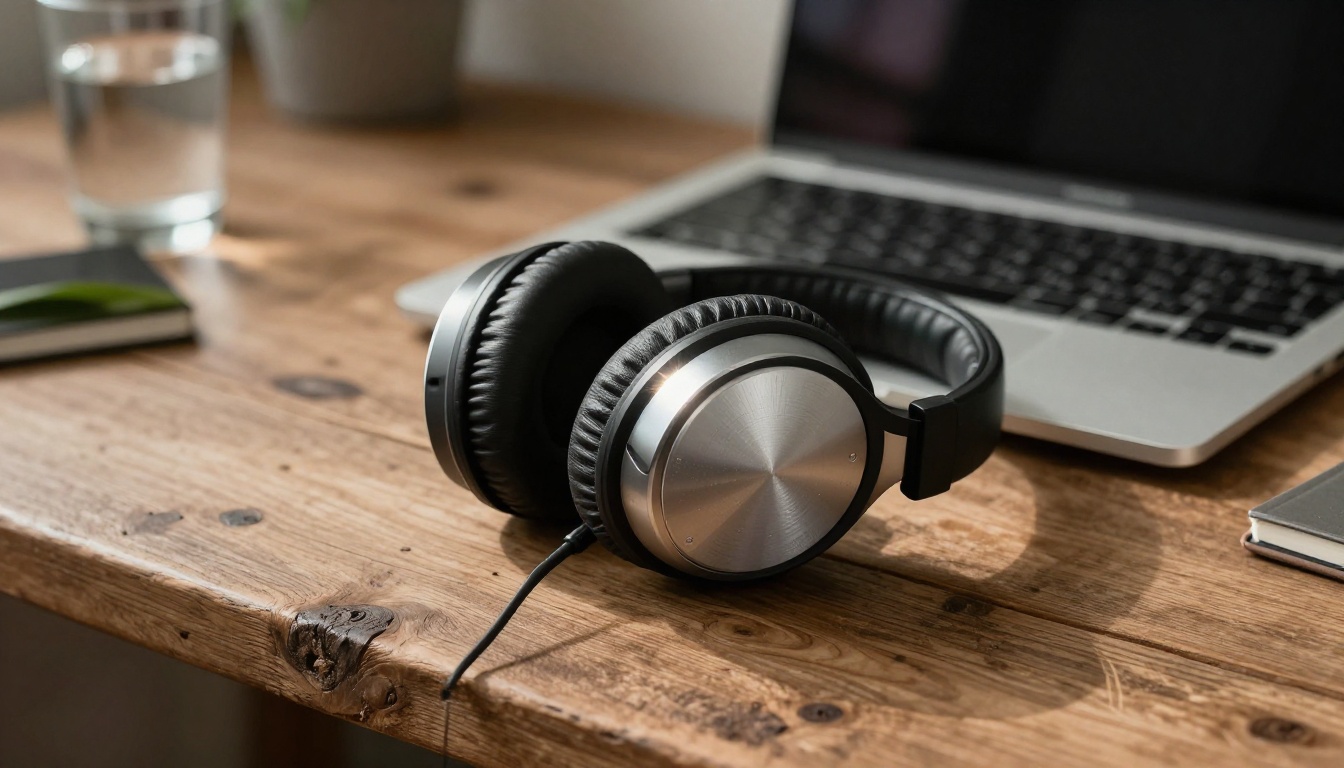 Studio headphones resting on closed laptop in warm monochromatic morning light