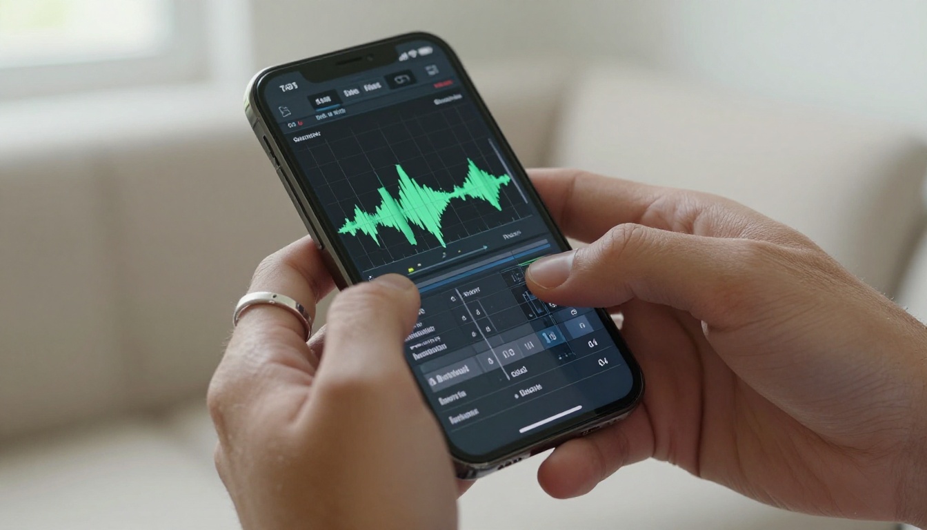 Smartphone screen held in hands showing a detailed audio waveform editing interface