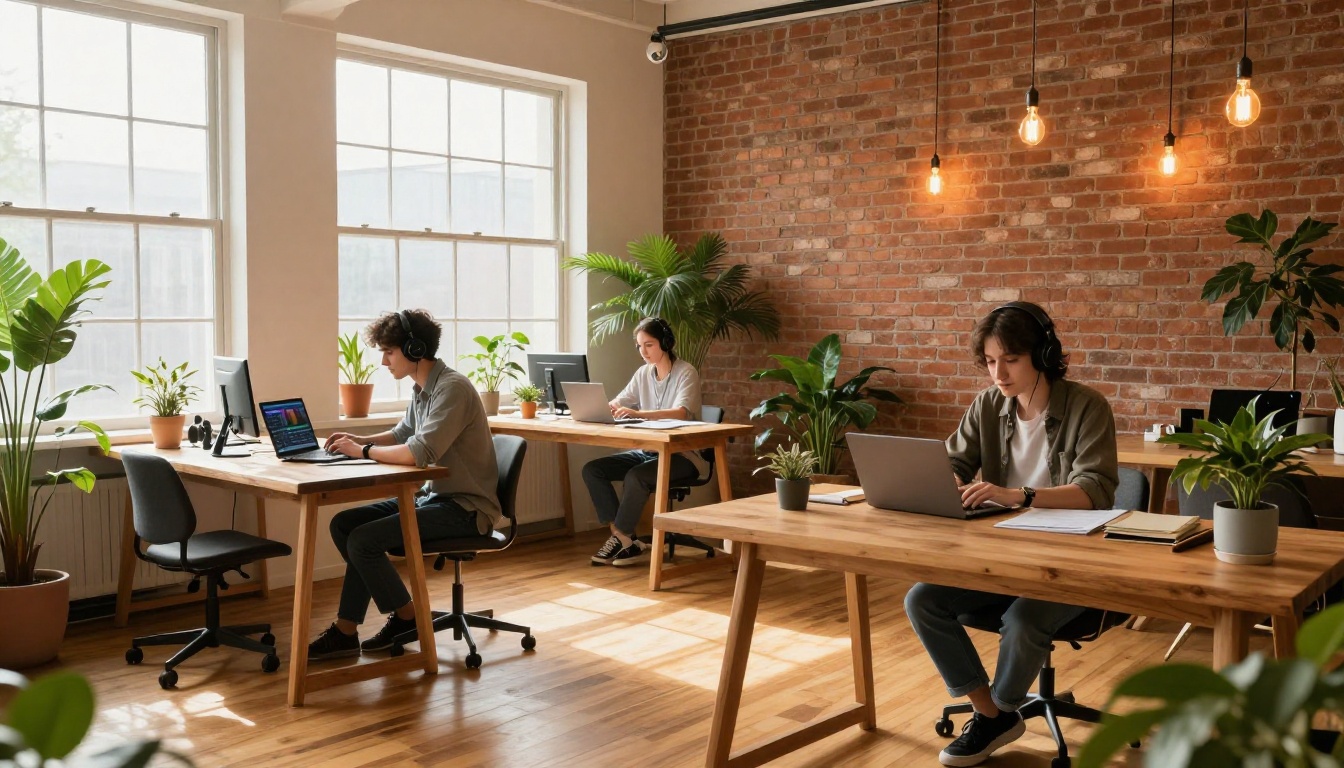 Two young creators working side by side in a warm co-working space with Edison bulbs and brick walls