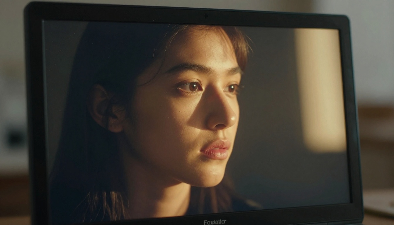 Creator's face reflected in a powered-down monitor with golden rim light and cinematic depth of field