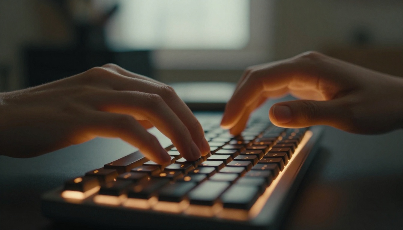 Extreme close-up of a woman's fingers typing on a backlit keyboard, warm amber side-lighting, shallow depth of field