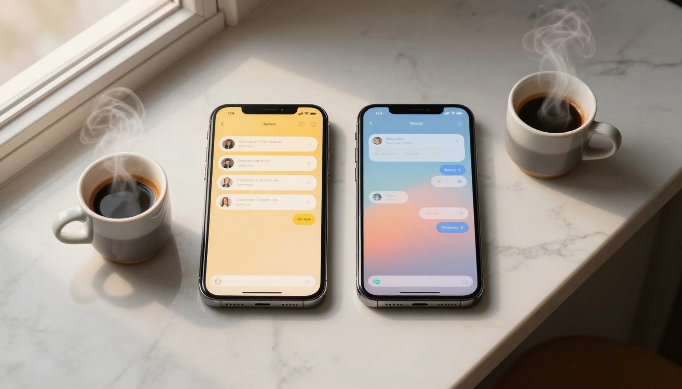 Two modern smartphones side by side on polished white marble showing chat interfaces, aerial view, morning light, ceramic espresso cup nearby