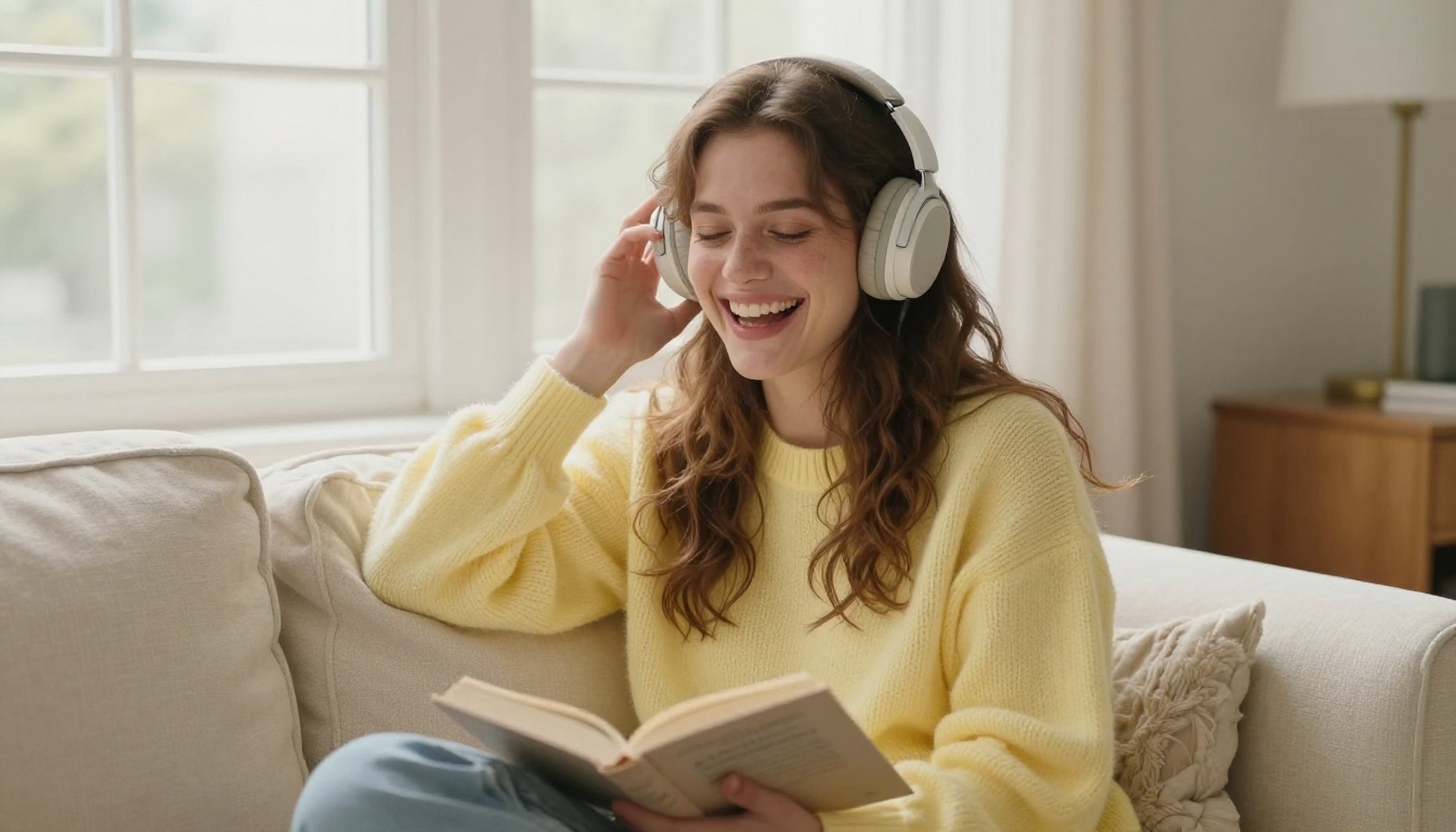 Beautiful young woman with oversized wireless headphones laughing naturally on a cream linen sofa, soft afternoon light, freckles visible