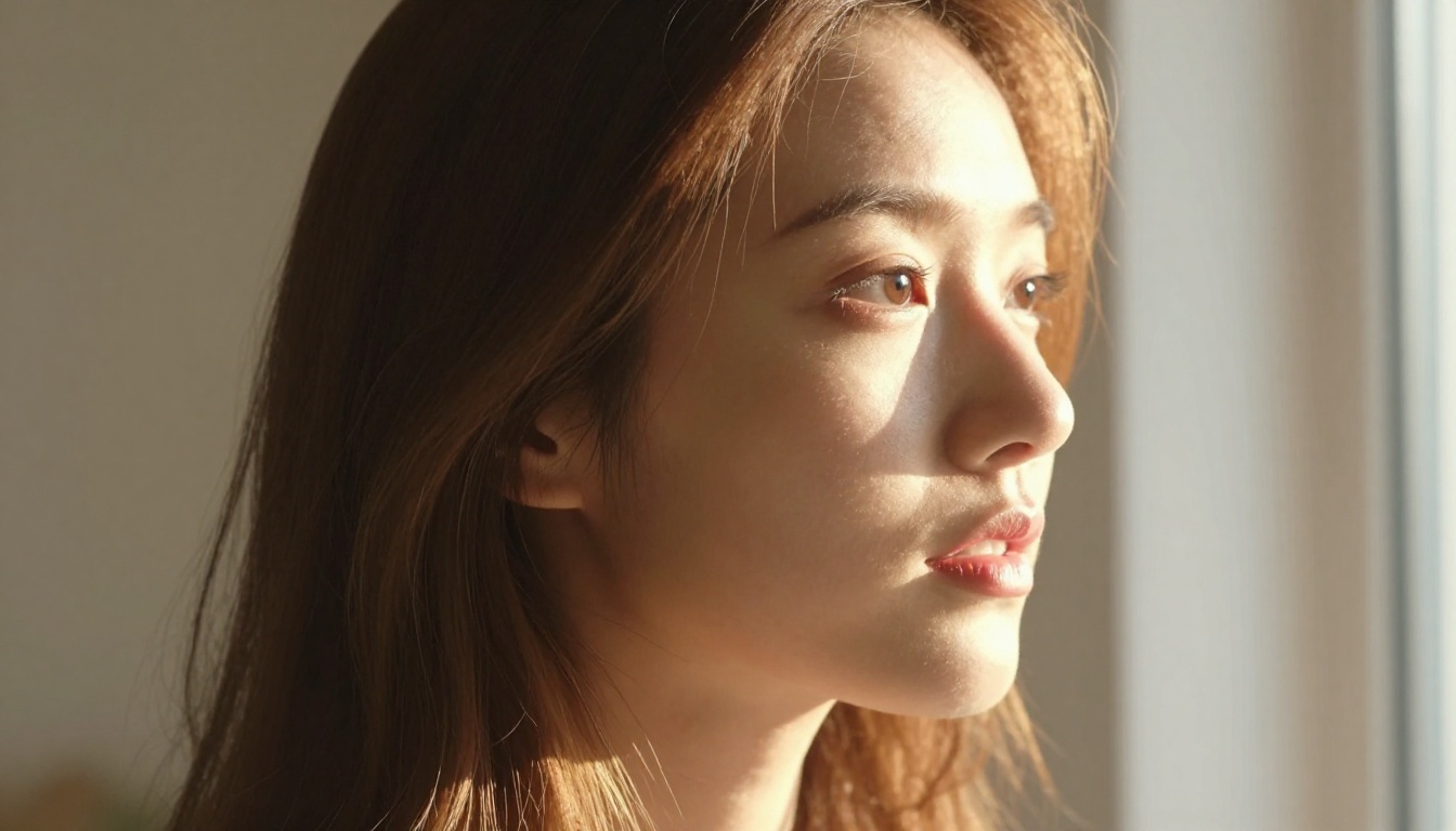 Close-up portrait of a young woman in soft side profile, warm golden afternoon light creating Rembrandt lighting, auburn hair catching the backlight