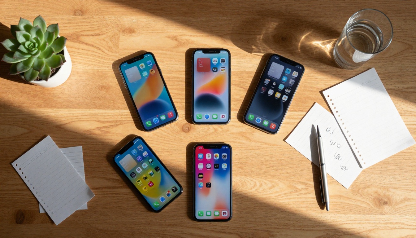 Overhead flat-lay of five smartphones on an oak desk showing various app interfaces, morning sunlight casting long shadows across the wood grain
