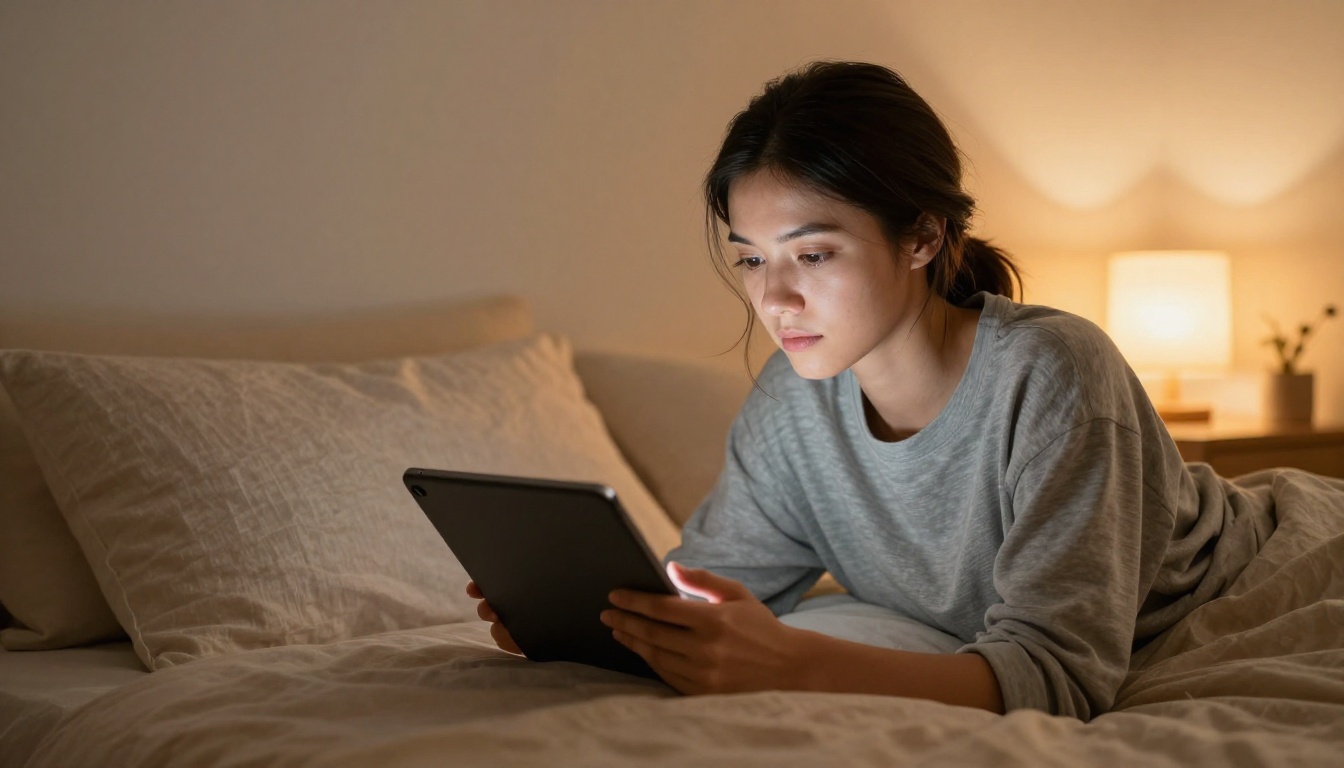 Young woman reading on a tablet in bed, warm bedside lamp light, cozy linen pillows, high-angle perspective