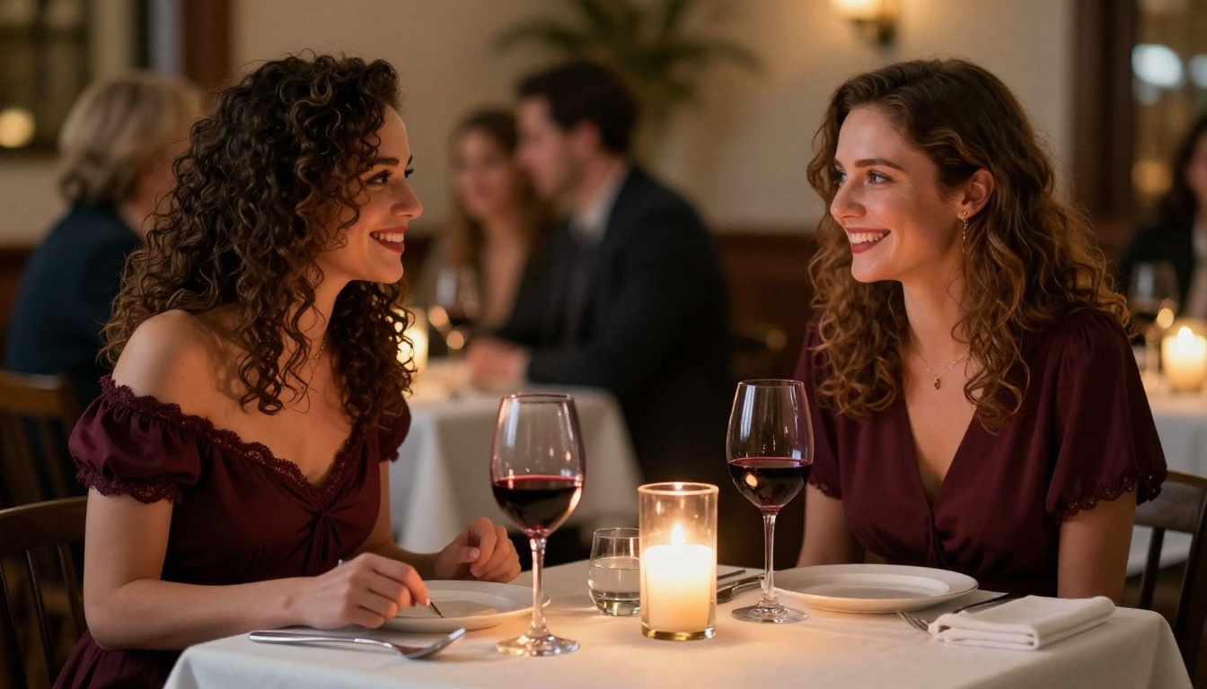 Two women sharing a candlelit dinner at an intimate restaurant, warm golden light, deep eye contact