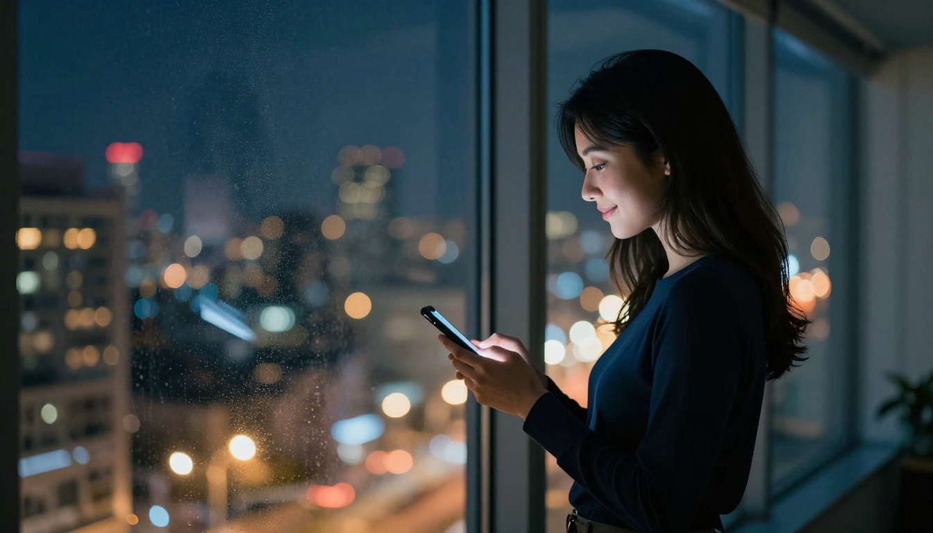 Side profile of an attractive woman typing on a phone near a floor-to-ceiling apartment window at night, city bokeh lights in the background