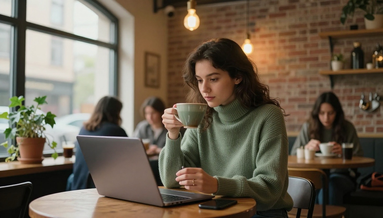 A young woman in a sage-green turtleneck at a coffee shop table with a laptop, warm Edison bulb lighting, brick wall background