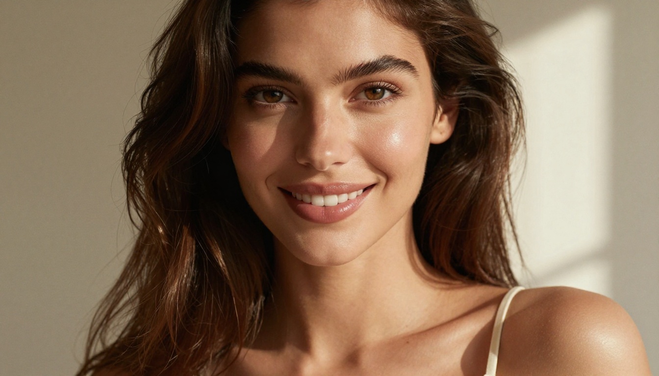 Close-up portrait of a woman with natural makeup, hazel eyes, warm editorial beauty lighting, 85mm lens