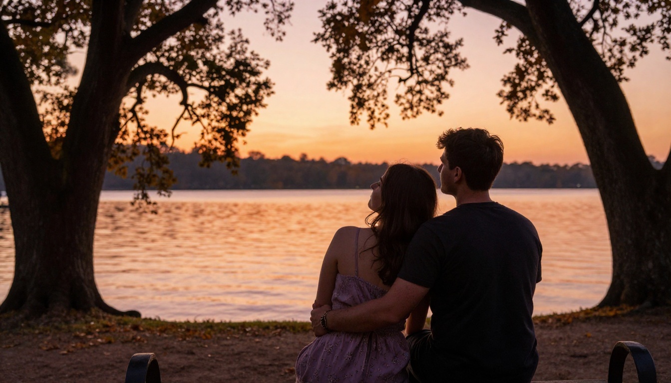 A couple sitting close on a park bench at golden hour, lake reflections, warm backlit silhouettes