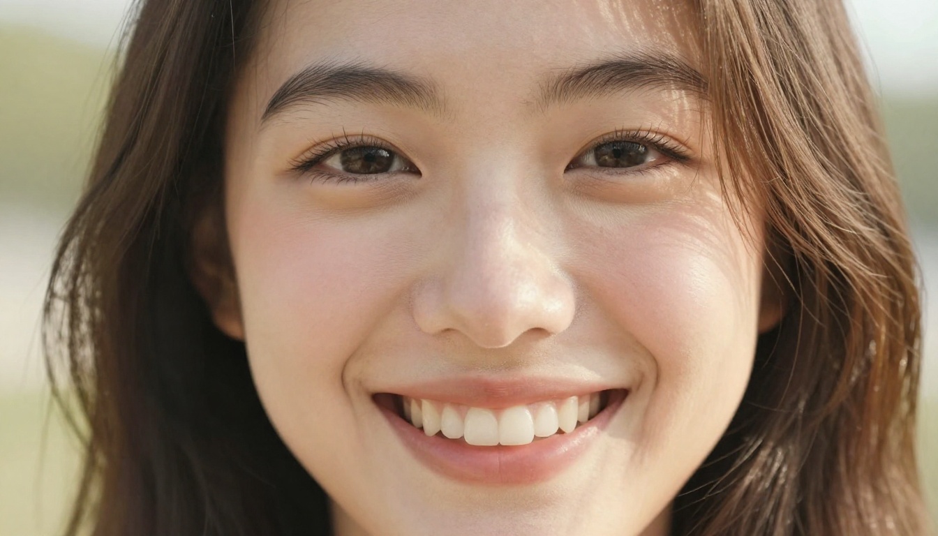Intimate close-up of a young woman's genuine warm smile, shallow depth of field, caramel hair, soft cream bokeh background, Kodak Portra 400 tones