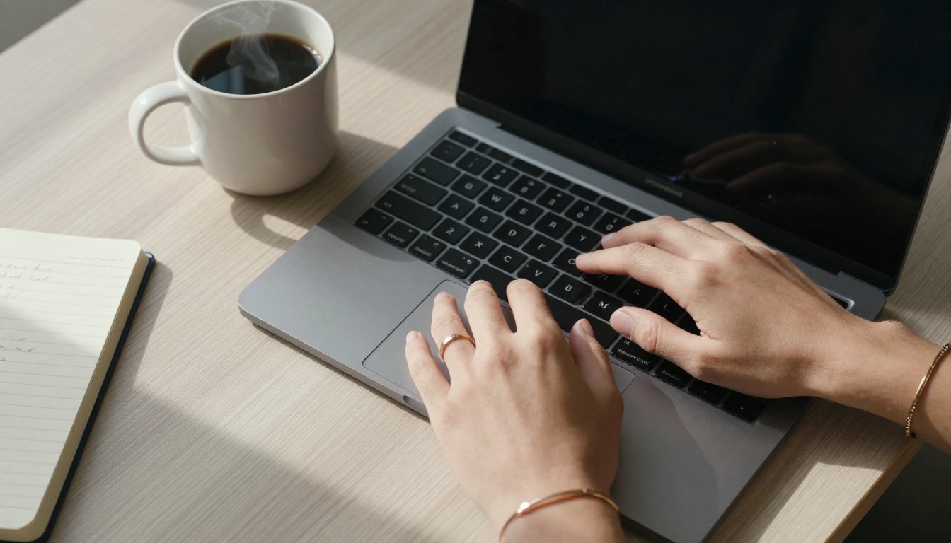 Aerial view of hands typing on a matte black laptop, ash wood desk, ceramic coffee mug steaming, morning light