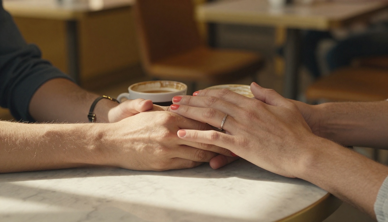 Two people holding hands across a marble cafe table, espresso cups, afternoon light on veined marble