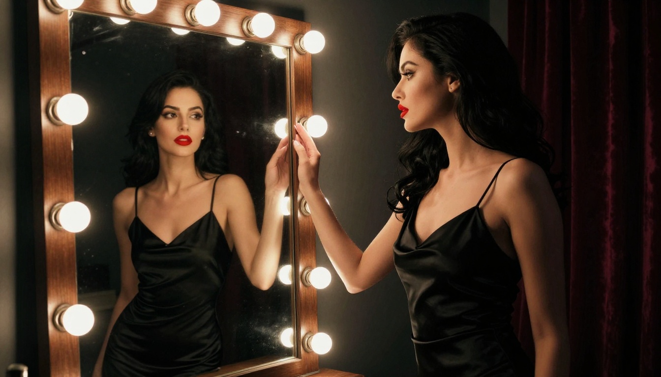 A glamorous woman in a black satin slip dress before a vintage mirror, warm vanity bulb lighting, moody