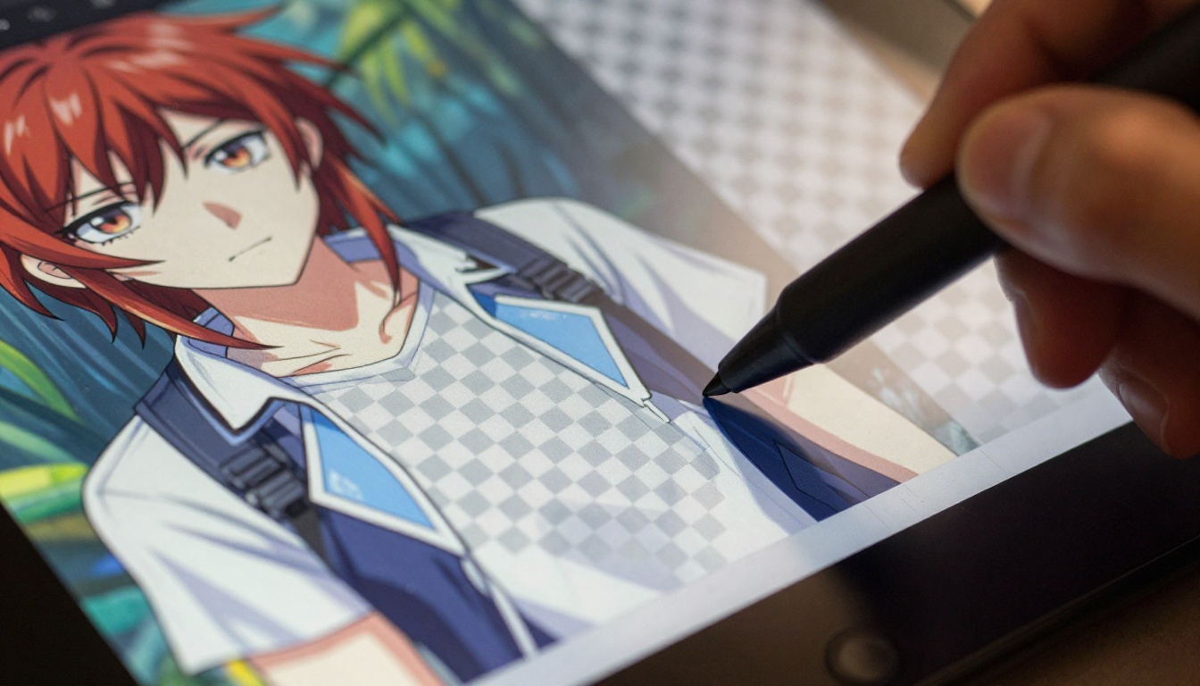 Close-up of a professional graphics tablet showing an anime character with clean transparent checkerboard background