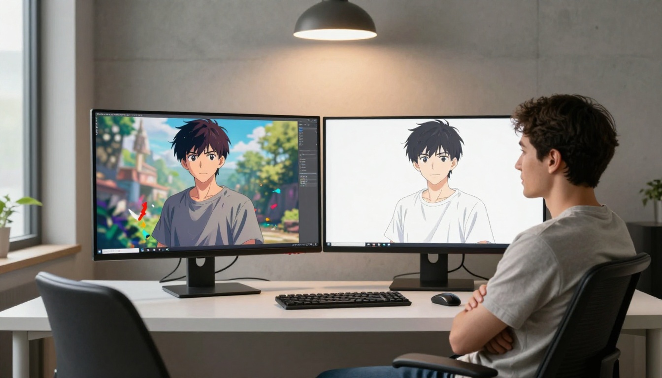 Designer comparing before-and-after background removal results on an anime character on dual monitors