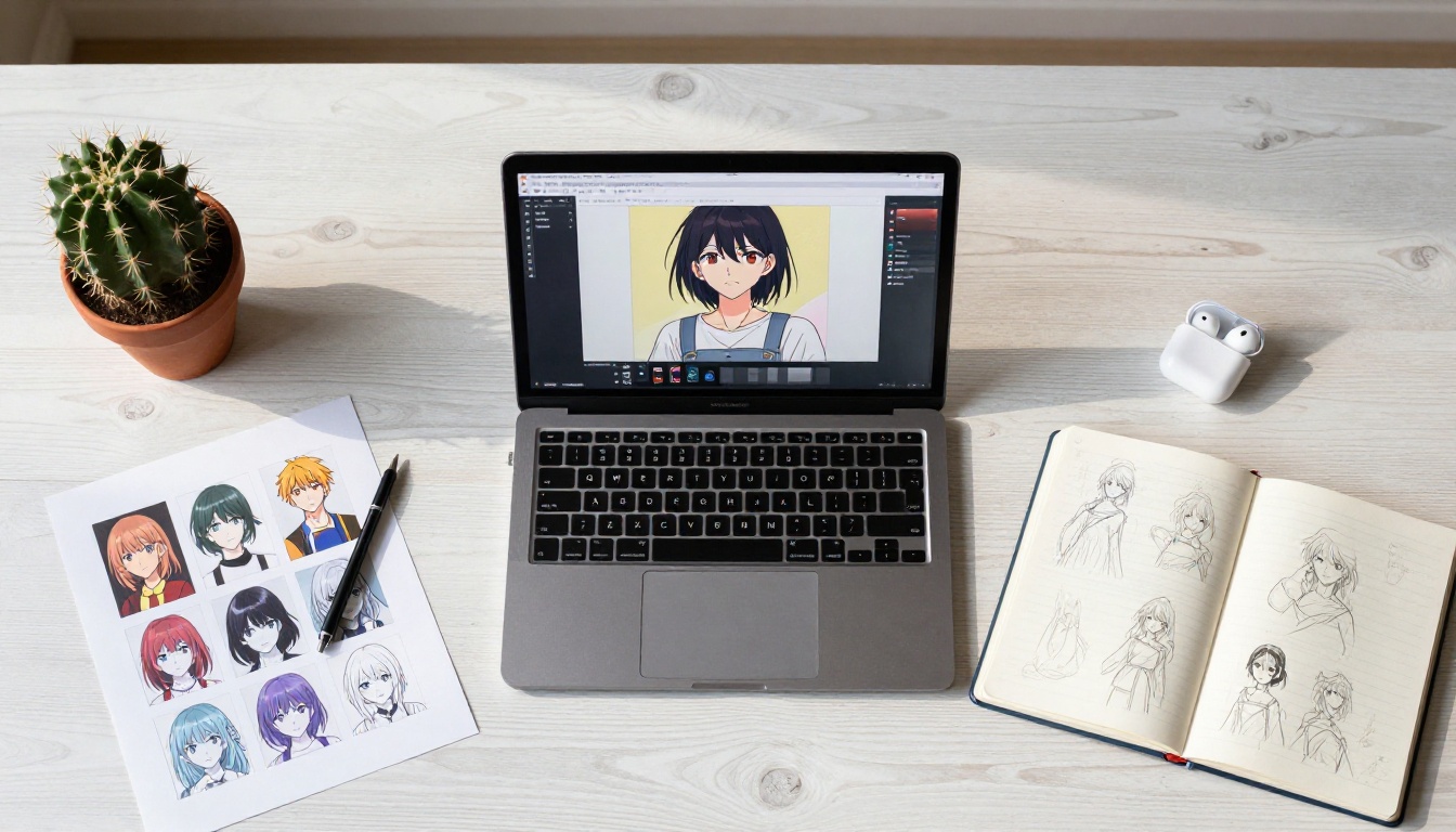 Aerial flat-lay of a creative desk with anime character reference sheets, sketchbooks, and an open AI tool on a laptop