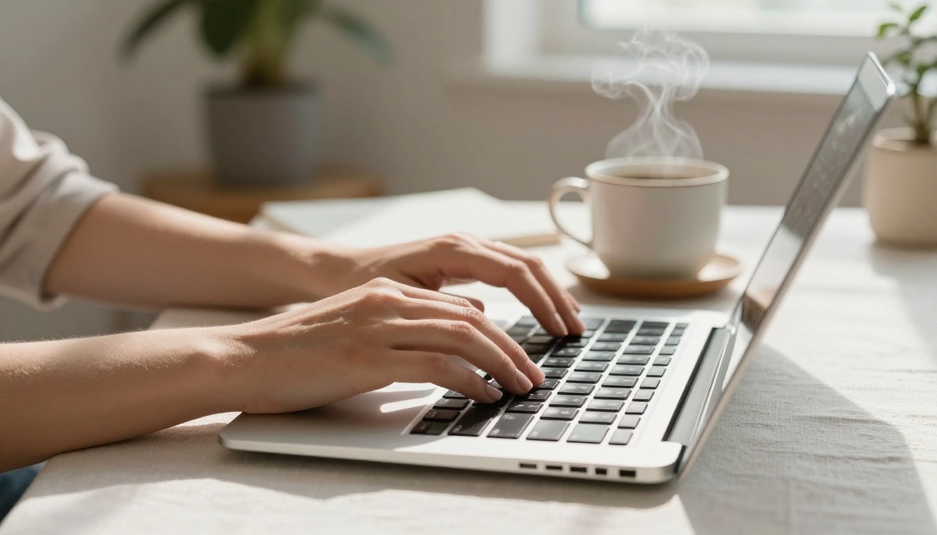 Close-up of feminine hands typing on laptop with steaming coffee mug nearby