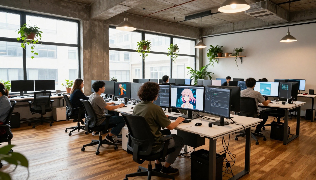 Wide shot of a professional creative agency studio with multiple screens showing anime art editing workflows
