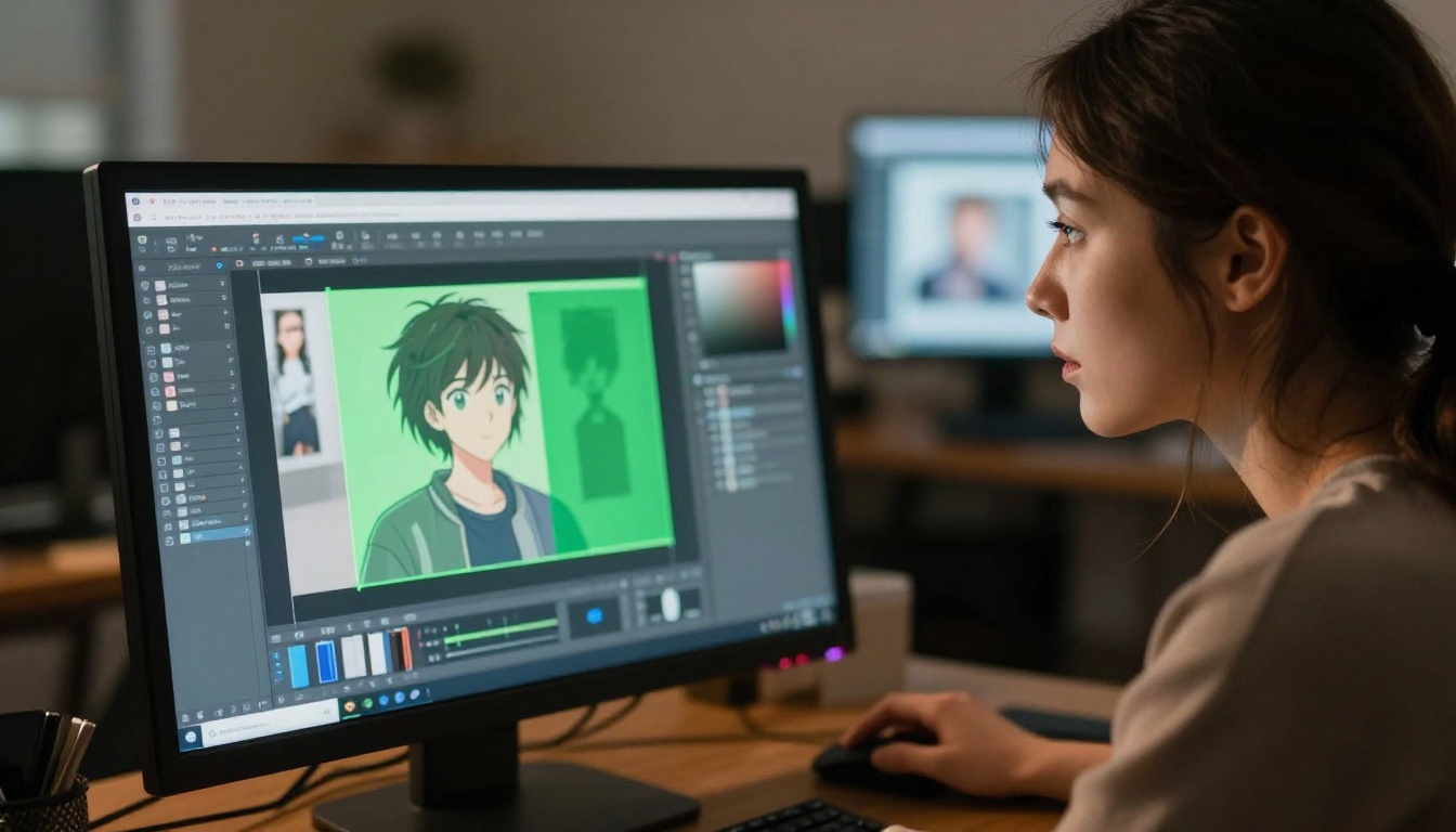 Over-shoulder shot of a designer clicking through an AI background removal tool on a large curved monitor