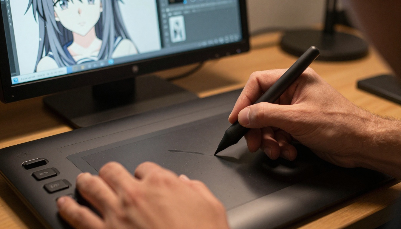 Male artist's hands using a Wacom tablet to refine anime character edge details after AI background removal